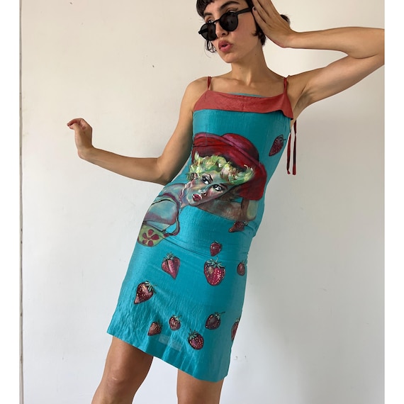 Hand Painted Linen Slip Dress, Strawberry Woman Wearable Art OOAK Retro Portrait Summer Dress Hand Painted Linen Slip Dress, Strawberry Woman Wearable Art OOAK Retro Portrait Summer Dress