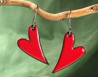 Red Heart Earrings, Handmade Enamel Heart Earrings, Rich Red Heart Earrings, Handmade in Ireland