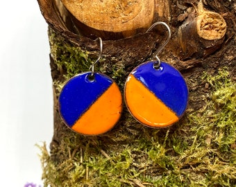 Colour Clash Enamel Earrings, Royal Blue and Orange Enamel Earrings, Handmade in Ireland