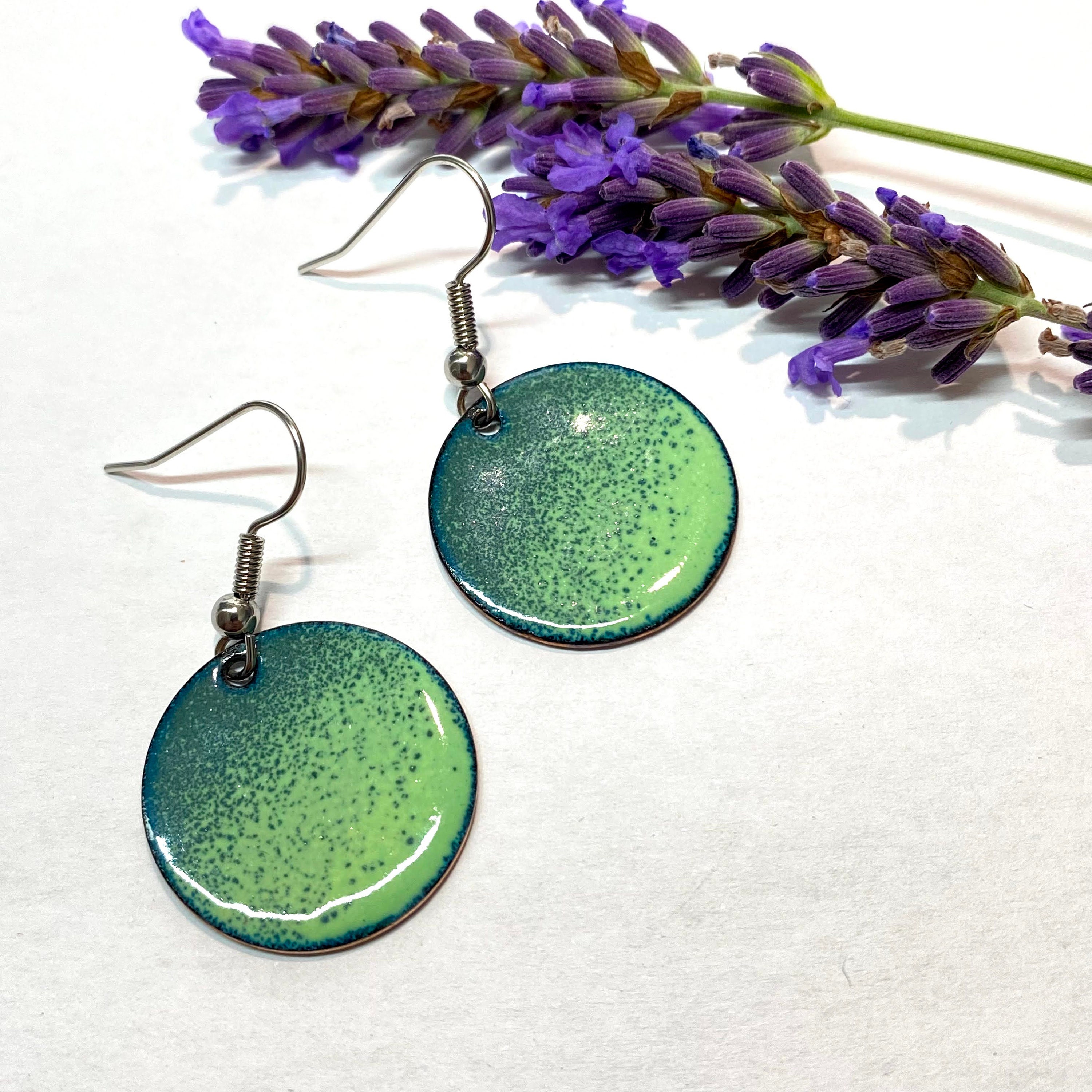 Handmade Enamel Drop Earrings Two Tone Green Enamel Round Etsy