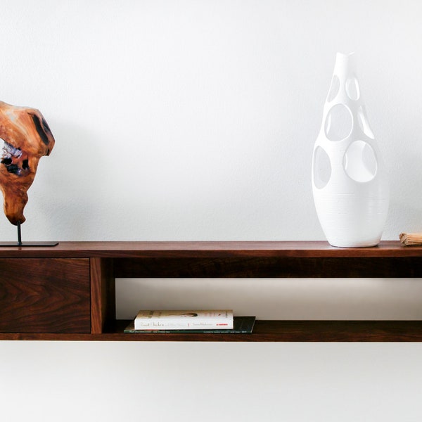 Solid Walnut Floating Media Console / Shelf / Bookshelf / TV Stand with Cabinet Door