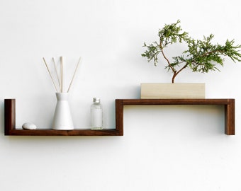 Two Tiered Solid Walnut "S" Shaped Floating Shelf