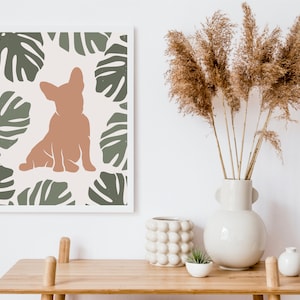 Boho Dog Art Print Download, Hondkunst, Huisdierkunst, Franse Bulldog Lover Art, Plant Lover, Minimalistische Franse Bulldog Art, Monstera Frenchie