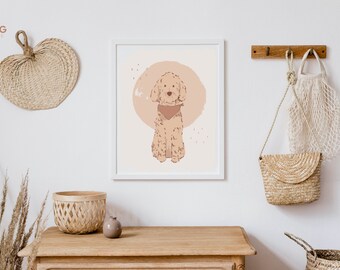 May include: A framed illustration of a brown poodle wearing a red bandana, sitting in front of a pink circle with white dots. The illustration is on a white background.