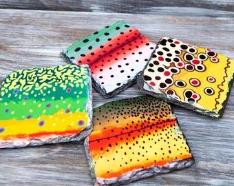 Trout Pattern Slate Coaster Sets