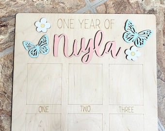 Butterfly First Birthday Photo Board, Personalized Milestone Display
