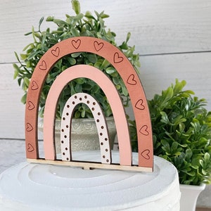 Boho Rainbow Cake Topper: Hand-Painted Birch Wood, Engraved Hearts