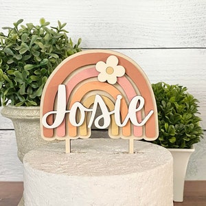Daisy Rainbow Cake Topper with Custom Name, First Birthday Decorations, 3D Wood Cake Topper, Personalized Cake Topper