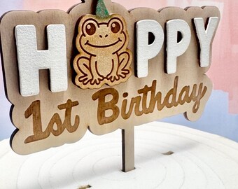 Frog 1st Birthday Cake Topper: Hand-Painted Birch Wood