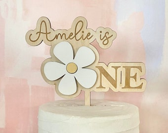 Groovy One Cake Topper with Personalized Name, Boho Style Cake Topper, First Birthday Cake Topper, Daisy Floral Cake 3D Wooden Topper