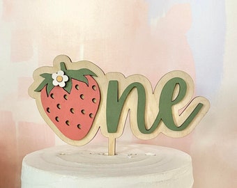 Strawberry First Birthday Cake Topper: Hand-Painted Wood "Sweet One" Berry First Part Decorations