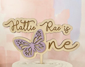 Adorno de mariposa para tarta: Nombre personalizado, Primer cumpleaños, Madera de abedul