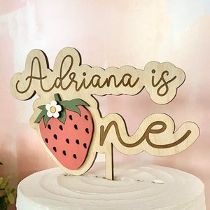 Sweet One Birthday Cake Topper Customized with Name, First Birthday Decor, 3D Wood Cake Topper, Strawberry Themed Birthday, Boho Cake Topper