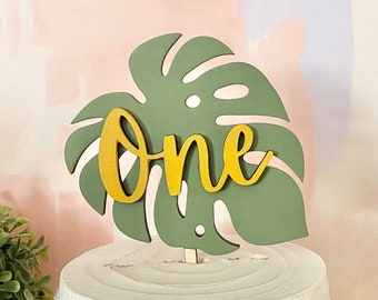Wild One Cake Topper, Boho Cake Topper, Jungle Party Decorations, First Birthday Decor, Wood Cake Topper,  Monstera Leaf Cake Topper