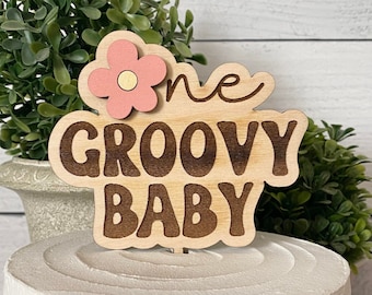 One Groovy Baby Cake Topper: Retro Daisy, 1st Birthday, Wood