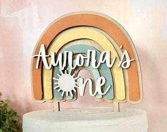 Adorno personalizado para pastel estilo boho arcoíris: Primer cumpleaños, Sol UNO