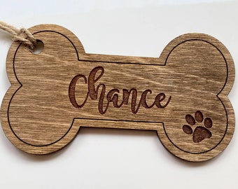 Custom Pet Ornament: Wooden Dog Bone, Personalized Stocking Tag