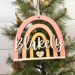 Personalized Rainbow Ornament with Name, Wood Christmas Ornament, Baby Rainbow Ornament, First Christmas Ornament, Boho Christmas Ornament