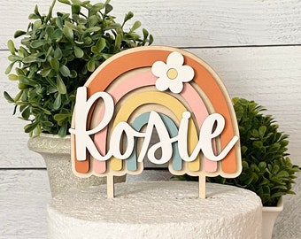 Daisy Rainbow Cake Topper with Custom Name, First Birthday Decorations, 3D Wood Cake Topper