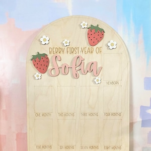 One Year Photo Board, Berry First Birthday Display, Sweet One Photo Board, Birthday Party Supplies, Wood Board, Monthly Milestones