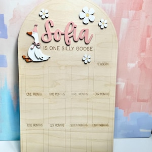 May include: Wooden milestone board with the name "Sofia" in pink script, a cartoon goose, and flower accents. The board is designed to track a baby's first year, with spaces for each month and "Newborn" at the top.