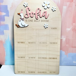 May include: Wooden milestone board with the name "Sofia" in pink script, a cartoon goose, and flower accents. The board is labeled with months from newborn to one year, perfect for tracking a baby's growth.