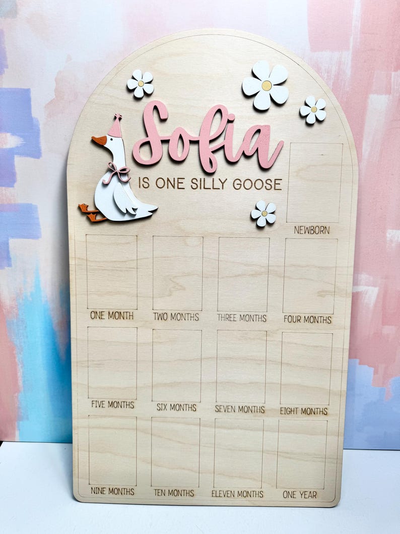 May include: Wooden milestone board with the name "Sofia" in pink script, a goose illustration, and daisy accents. The board has spaces for monthly photos from newborn to one year. The text "IS ONE SILLY GOOSE" is below the name.