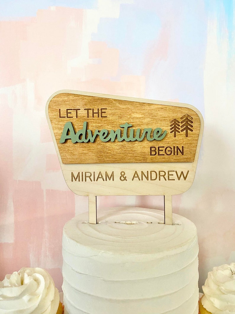 National Parks Theme Personalized Wedding Cake Topper, Custom Cake Topper For Wedding Cake, The Adventure Begins, Nature Themed image 3