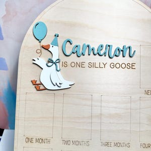 Pu&ograve; includere: Lavagna di legno per pietre miliari con un'oca dei cartoni animati che tiene in mano un palloncino blu. La lavagna riporta il nome "Cameron" in blu, con la frase "IS ONE SILLY GOOSE" sotto. Include spazi per le pietre miliari mensili.
