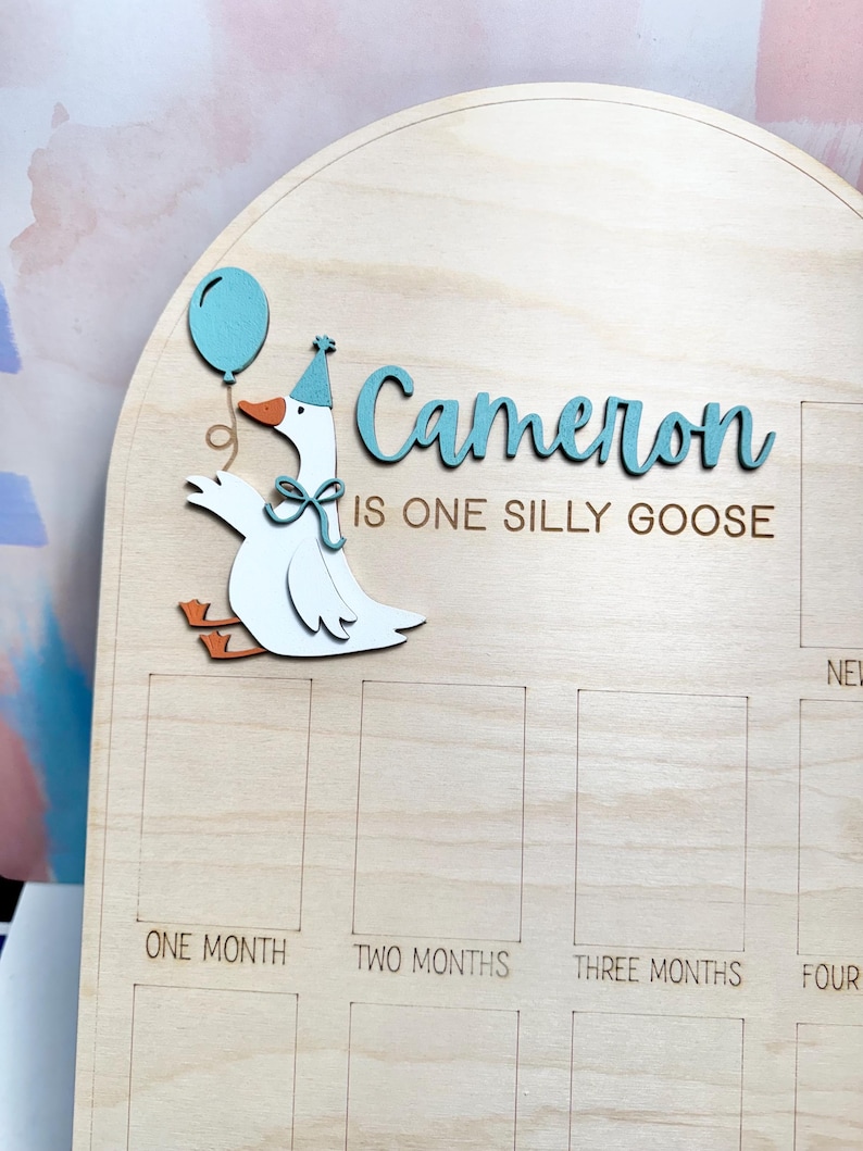 Pu&ograve; includere: Lavagna di legno per pietre miliari con un'oca dei cartoni animati che tiene in mano un palloncino blu. La lavagna riporta il nome "Cameron" in blu, con la frase "IS ONE SILLY GOOSE" sotto. Include spazi per le pietre miliari mensili.