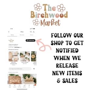 Puede incluir: Imagen que promociona la tienda The Birchwood Market en Etsy. La imagen incluye una captura de pantalla de la p&aacute;gina de la tienda con un bot&oacute;n 'Seguir tienda' y texto que anima a los espectadores a seguir para obtener nuevos art&iacute;culos y ofertas.