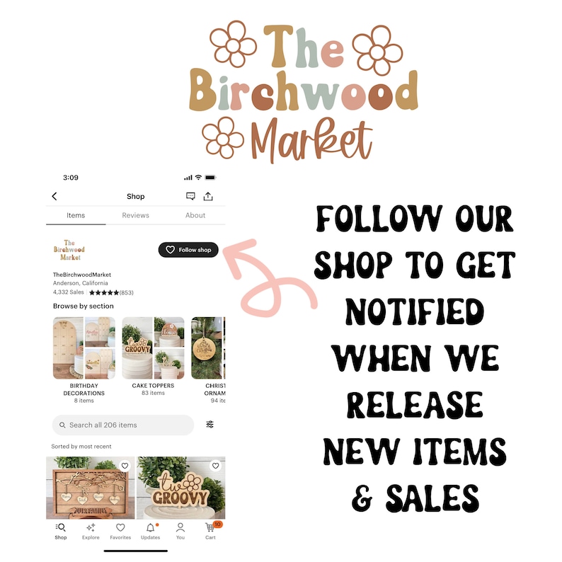 Puede incluir: Imagen que promociona la tienda The Birchwood Market en Etsy. La imagen incluye una captura de pantalla de la p&aacute;gina de la tienda con un bot&oacute;n 'Seguir tienda' y texto que anima a los espectadores a seguir para obtener nuevos art&iacute;culos y ofertas.