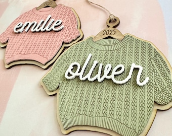 Personalized Christmas Ornament: 3D Wood Chunky Knit Embroidered Sweater with Custom Name, 40 Color Options