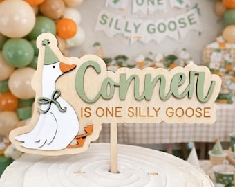 One Silly Goose First Birthday Cake Topper: Personalized Name, Wooden Keepsake