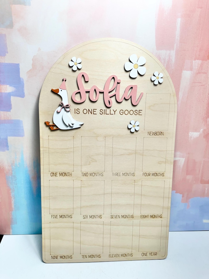 May include: Wooden milestone board with the name "Sofia" in pink script, a goose illustration, and the phrase "IS ONE SILLY GOOSE." The board has spaces for monthly photos and flower accents.