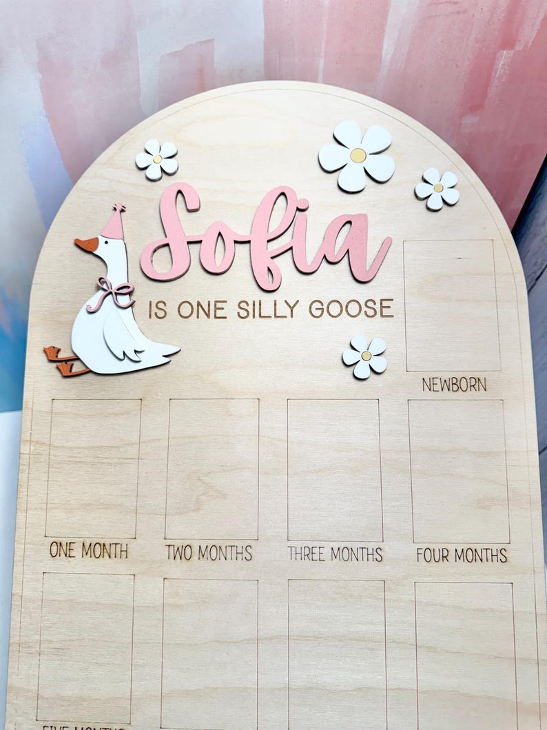 May include: Wooden milestone board with the name "Sofia" in pink script, a cartoon goose, and daisy accents. The board includes spaces for monthly photos and the text "IS ONE SILLY GOOSE".