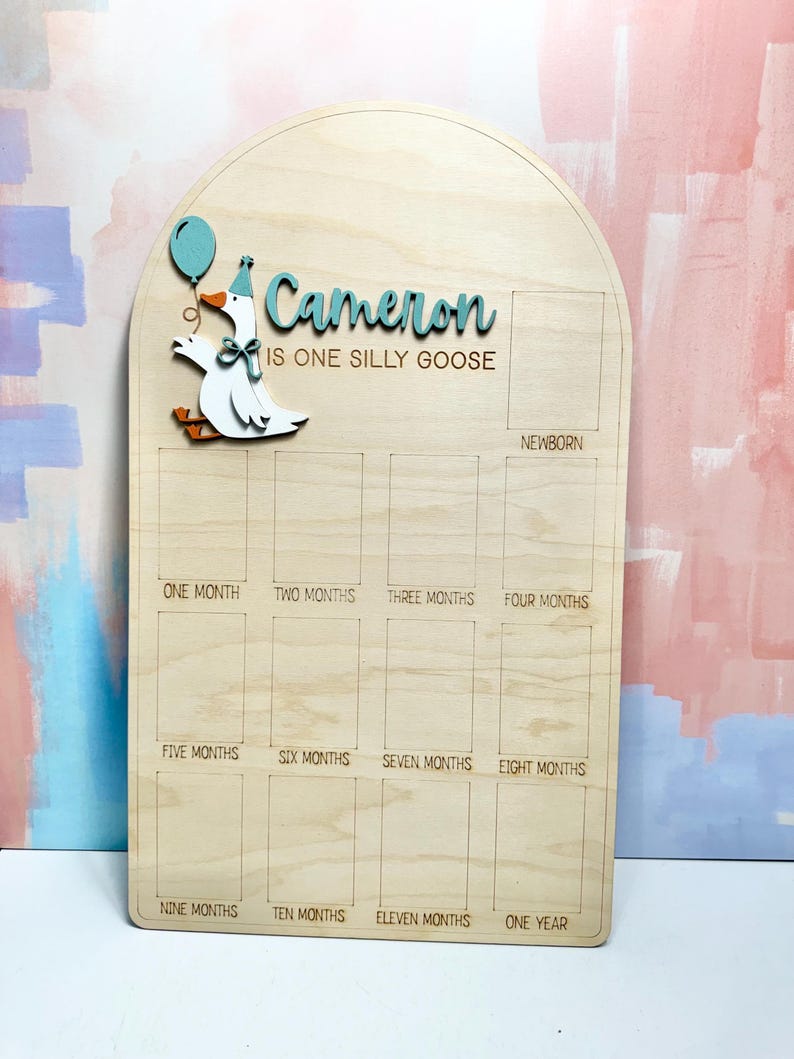 Pu&ograve; includere: Lavagna di legno chiaro per pietre miliari con un motivo di oca. La lavagna, con la parte superiore arrotondata, porta il nome "Cameron" e la frase "IS ONE SILLY GOOSE". Include spazi per le pietre miliari mensili, dalla nascita a un anno.