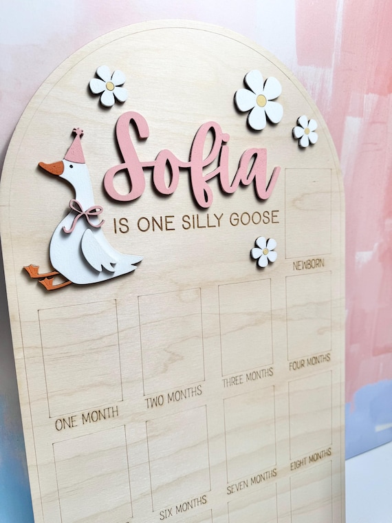Silly Goose First Birthday Photo Board, Wood Milestone Keepsake