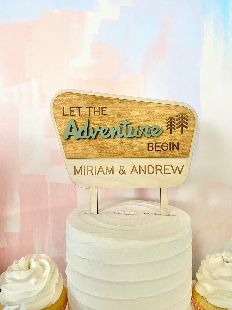 National Parks Theme Personalized Wedding Cake Topper, Custom Cake Topper For Wedding Cake, The Adventure Begins, Nature Themed image 2