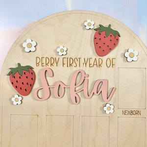 Puede incluir: Tablero de hitos de madera con el texto "Berry First Year of Sofia". Cuenta con recortes de fresas y flores. Incluye espacios para fotos etiquetados como "Newborn", "One Month", "Two Months", "Three Months" y "Four Months".