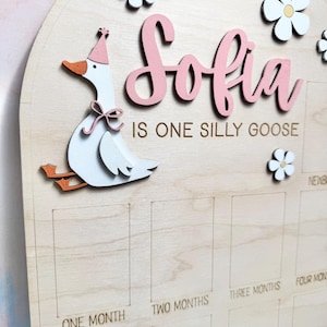 May include: Wooden baby milestone board with the name "Sofia" in pink script. A whimsical goose wearing a party hat and flowers decorate the board. The text "IS ONE SILLY GOOSE" is below the name. Monthly milestone boxes are etched into the wood.