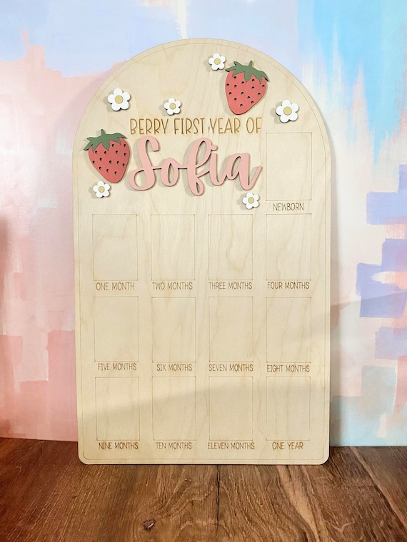Strawberry First Birthday Photo Board: Berry First Monthly Milestone, One Year of Baby, Birch Wood Laser Engraved