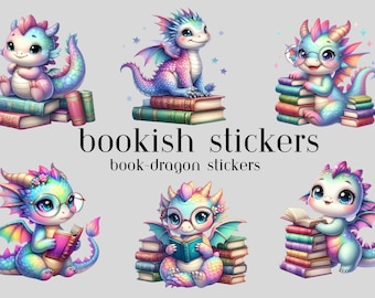 May include: Six colorful book-loving dragon stickers with iridescent scales and wings. Each dragon is holding or sitting on a stack of books. The text "bookish stickers" and "book-dragon stickers" is below the dragons.