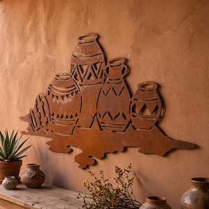 Rusted Steel Southwest Pottery Wall Art, Desert Vessel Metal Decor