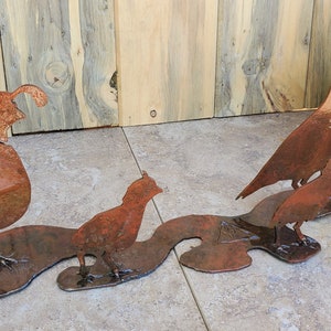 Iron Quail Family On Base | Metal Art ~ 22&quot; X 8&quot; Rusted Southwest Sonoran Desert Metal Art Arizona Yard Decor Rustic Mexican Gambel&#39;s