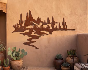 Rusted Desert Landscape Metal Wall Art, Saguaro Cactus Southwest Decor