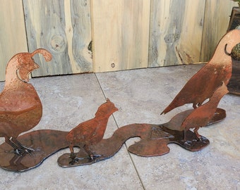 Iron Quail Family On Base | Metal Art ~ 22" X 8" Rusted Southwest Sonoran Desert Metal Art Arizona Yard Decor Rustic Mexican Gambel's