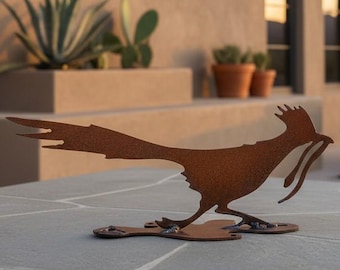 Rusted Steel Roadrunner Sculpture on Base, Southwest Desert Yard Art