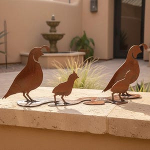 Rusted Steel Quail Family Sculpture on Base, Southwest Desert Garden Art