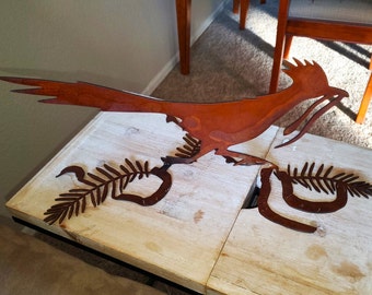 Iron Roadrunner with Mesquite Leaves & Beans | Metal Art ~ Rusted Southwest Sonoran Desert Metal Art Arizona Yard Decor Rustic Mexican